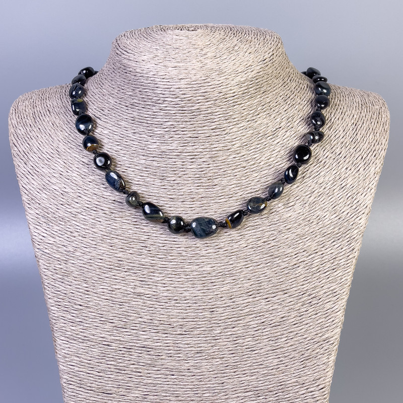 Naszyjnik z sokoliego oka fasetowany, średnica 9–13×9 mm, długość 50 cm z zapięciem