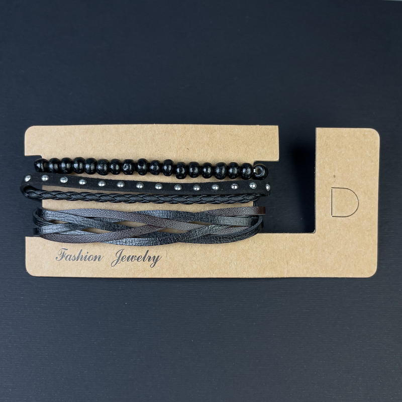 Bransoletka potrójna z eko-skóry na ściągaczu, długość 18–24 cm ±, koraliki 6 mm ±, długość 18 cm elastyczna