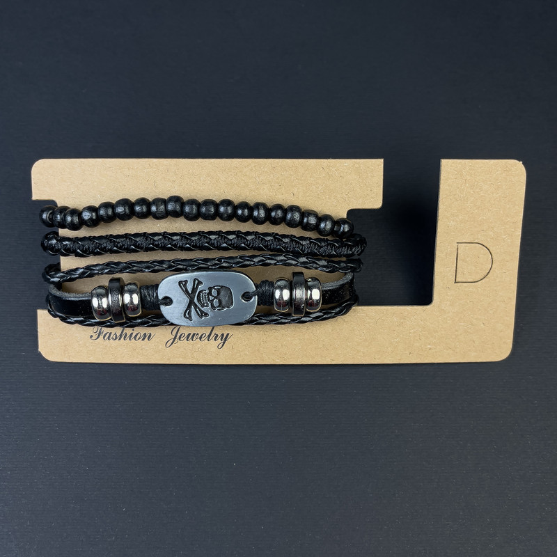 Bransoletka potrójna z eko-skóry, metalowe wstawki, regulowana długość 18–24 cm, czarna