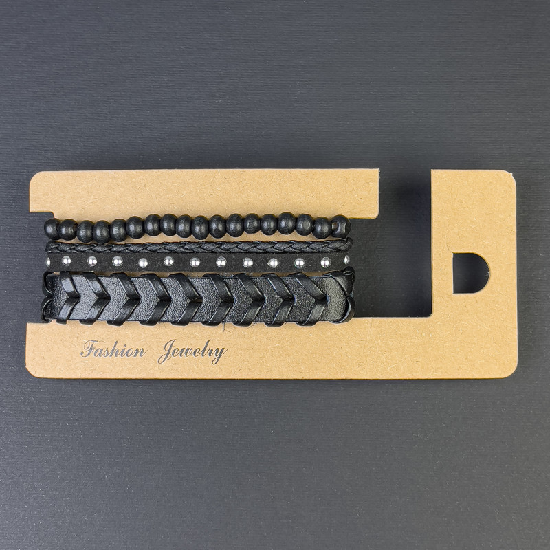 Bransoletka potrójna z czarnej eko-skóry na regulowanym zacisku, długość 18–24 cm, czarna