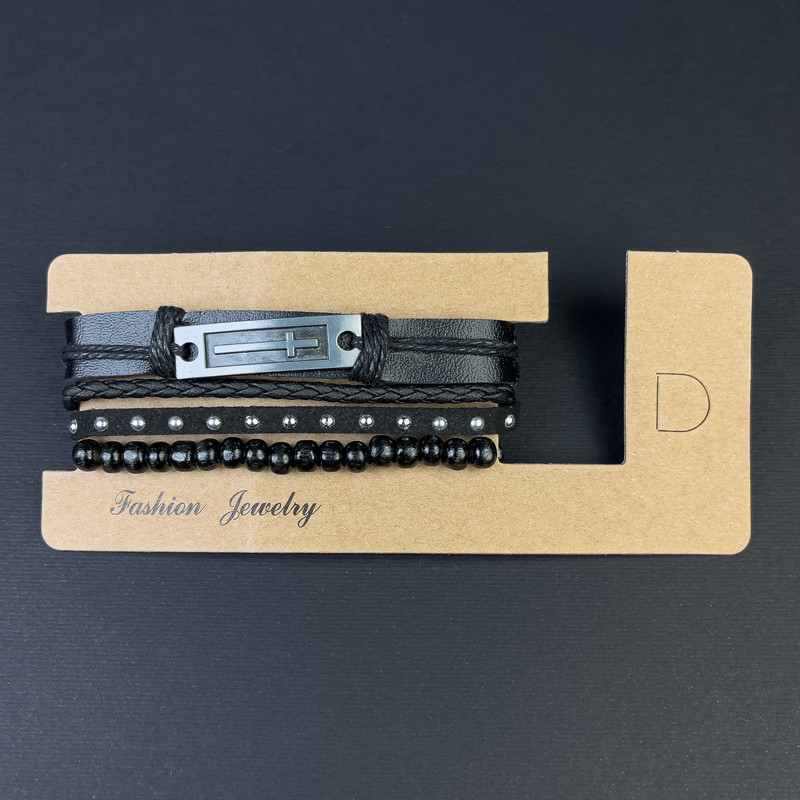 Bransoleta potrójna z ekoskóry, wstawka Krzyż, na zapięcie, długość 18–24 cm, czarna