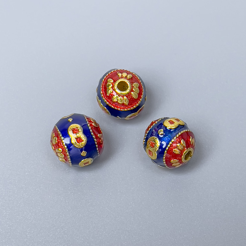Okucia koralika Cloisonné, niebiesko-czerwona emalia, średnica 9 mm ± otwór, średnica 1,5 mm, złoty kolor metalu, 1 szt.