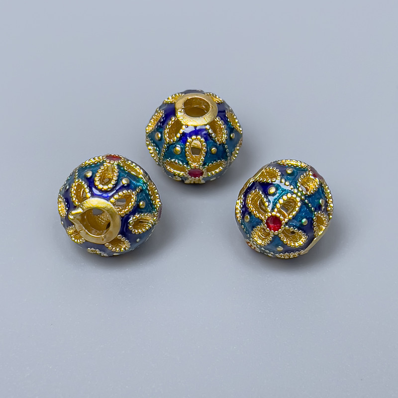 Koralik Cloisonné Pandora niebiesko-turkusowy z emalią, średnica 11 mm, otwór 3 mm, złoty kolor metalu, 1 szt.