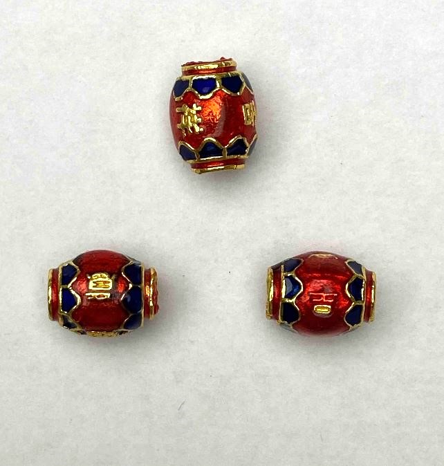 Koralik cloisonné beczkowy z emalią czerwono-niebieską, średnica 8×10 mm, otwór 1,8 mm, złoty kolor metalu, 1 szt.
