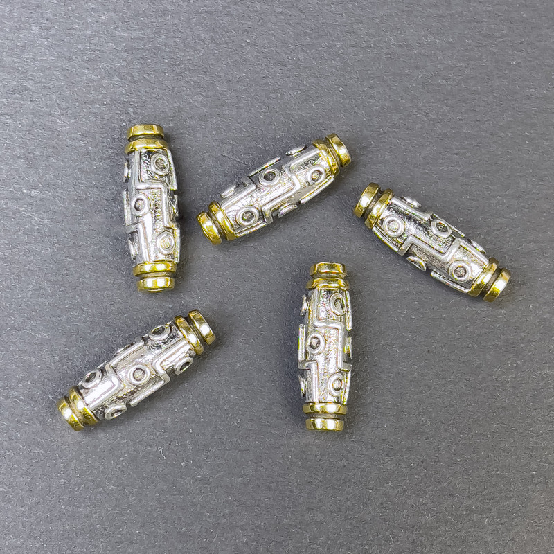 Koralik-wstawka do biżuterii, kolor metalu srebrzysto-złoty, wymiar 19,5×6 mm, otwór 2 mm, cena za 1 sztukę