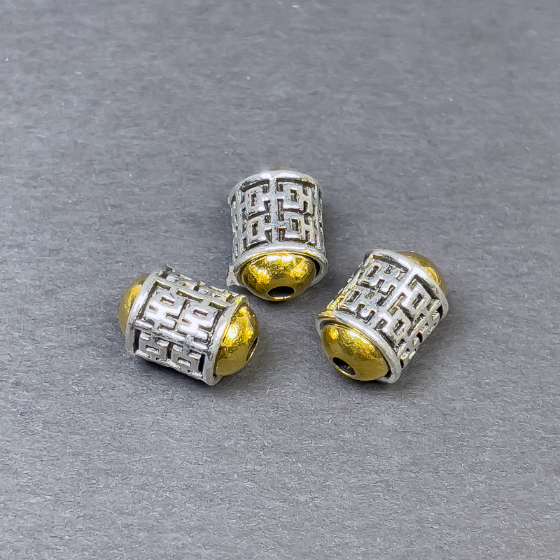 Koralik-wstawka, kolor metalu srebrzysty i złocisty, średnica 11,5×8 mm, otwór 2 mm, opakowanie 3 szt.