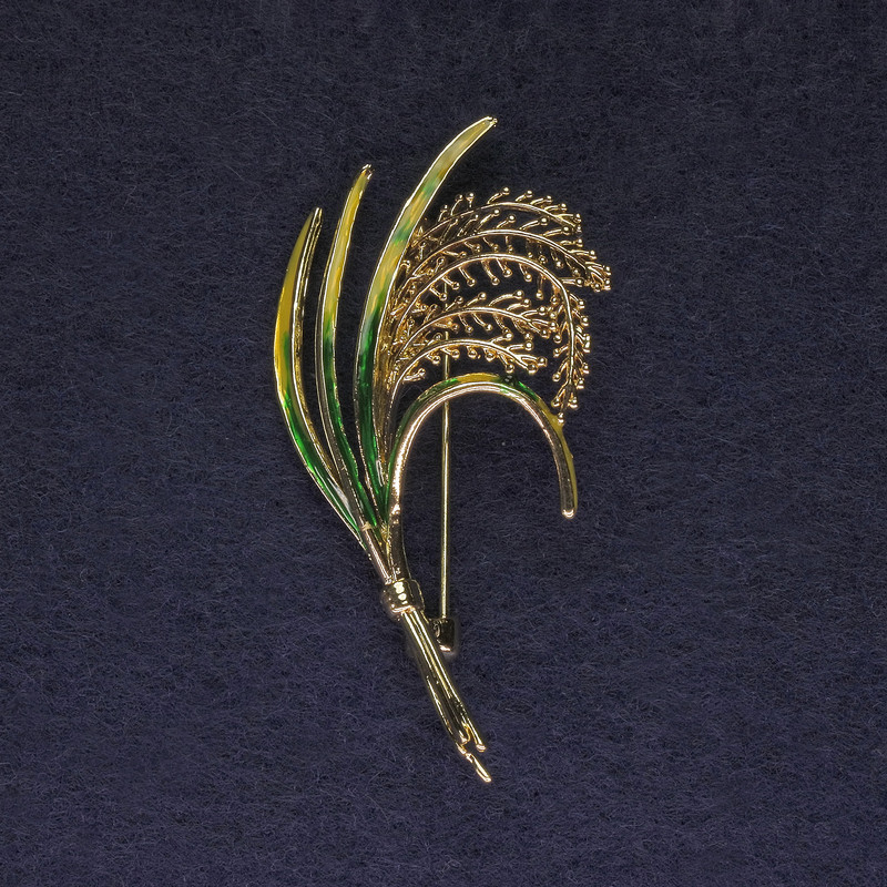 Broszka Gałązka - zielona i żółta emalia, złocisty metal, średnica 52×27 mm +