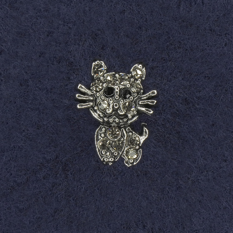 Broszka Kot z białymi i czarnymi kryształami, srebrzysty metal 11×15 mm+