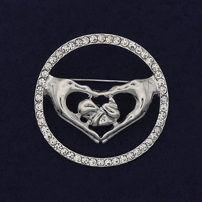 Broszka Serce, białe cyrkonie, srebrzysty metal, 38 mm+