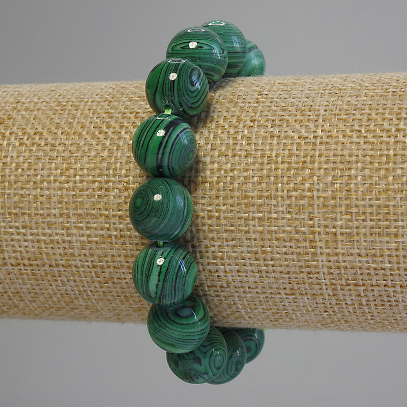 Bransoletka z malachitu, gładkie kule o średnicy 12 mm, długość 18 cm +/- (elastyczna)