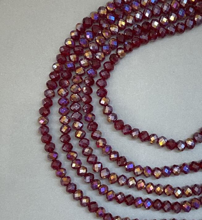 Koraliki czeskiego kryształu na żyłce, czerwone, przezroczyste, z benzynowym napylaniem, fasetowany rondel, średnica 8×6 mm, długość około 40 cm
