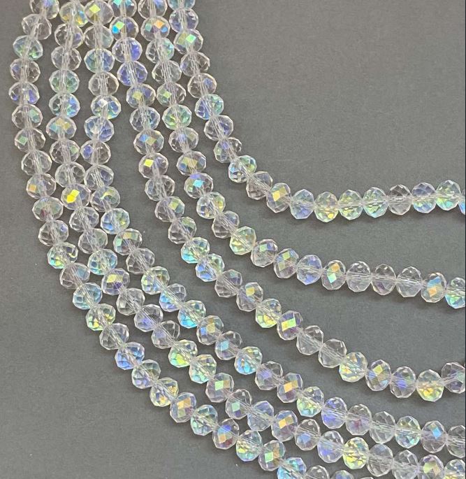 Koraliki czeskiego kryształu na żyłce jubilerskiej, biały, przezroczysty, z benzynowym napylaniem, fasetowany rondel, średnica 8 x 6 mm, długość 39 cm