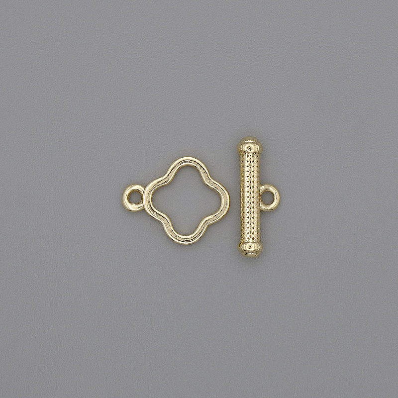 Zapięcie toggle w kształcie koniczyny, średnica 14×3 mm ±, średnica 10 mm ±, średnica otworu 8 mm ±, złocisty kolor metalu