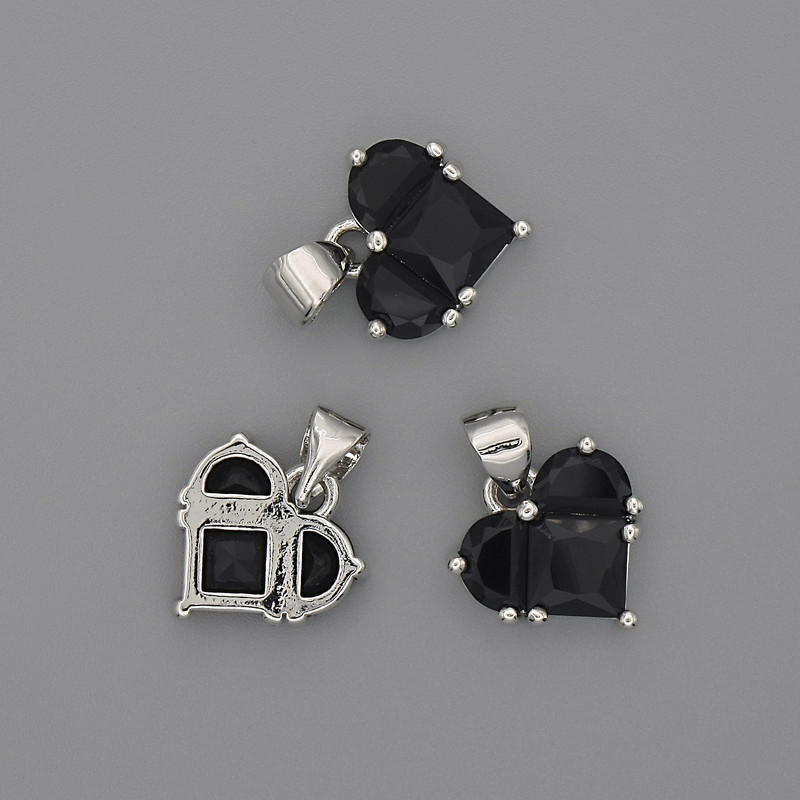 Wisiorek Serce z czarnymi kryształami 12×12 mm, długość 17 mm, srebrzysty metal