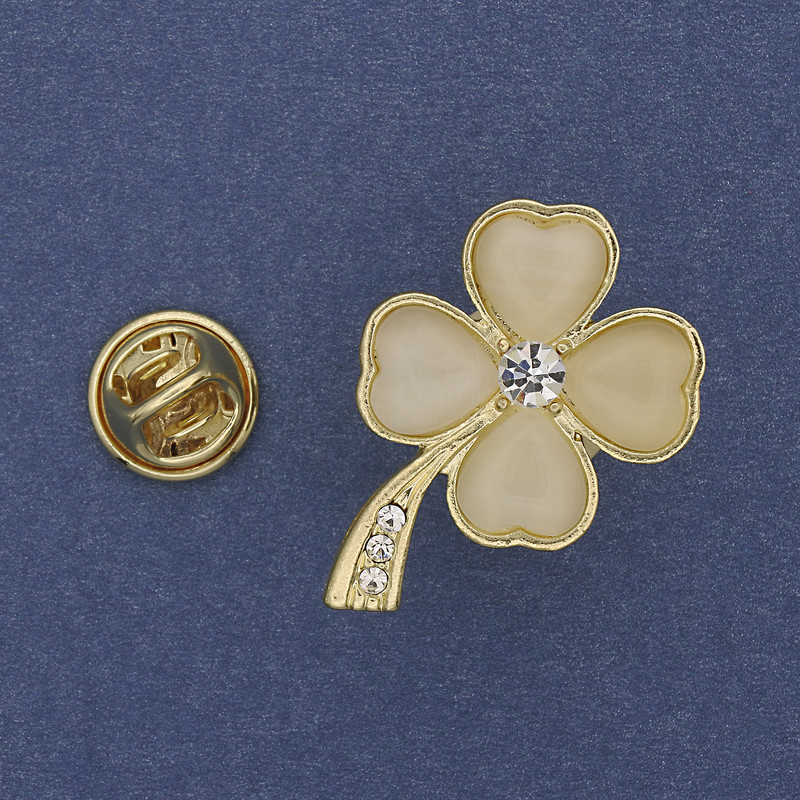 Broszka Koniczyna Kocie Oko z kryształami strass, metal złocisty, 19×30 mm+