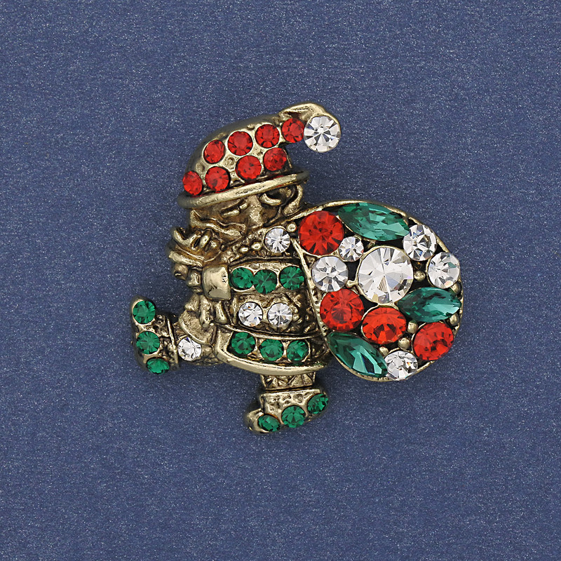 Broszka Świąteczny Mikołaj ze złoconym metalem i kryształami 28x26 mm +