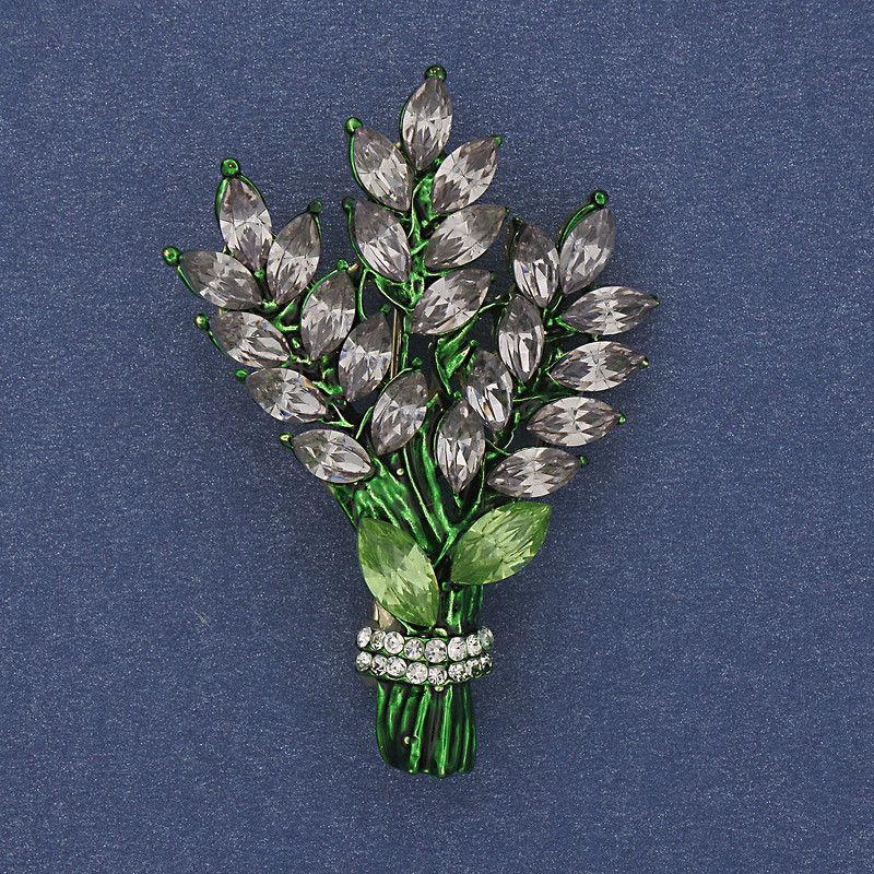 Broszka Gałązka – blado-fioletowe i białe kryształy na złocistym metalu 43×29 mm +