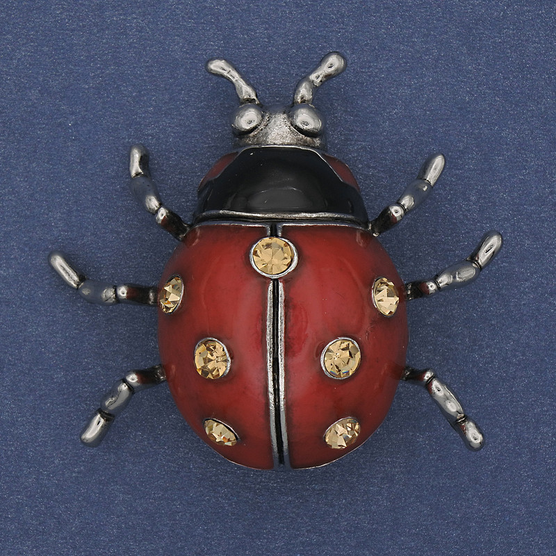 Broszka-wisiorek Słoneczko, czerwona emalia, żółte kryształy strass, metal w kolorze srebra, 42×47 mm+