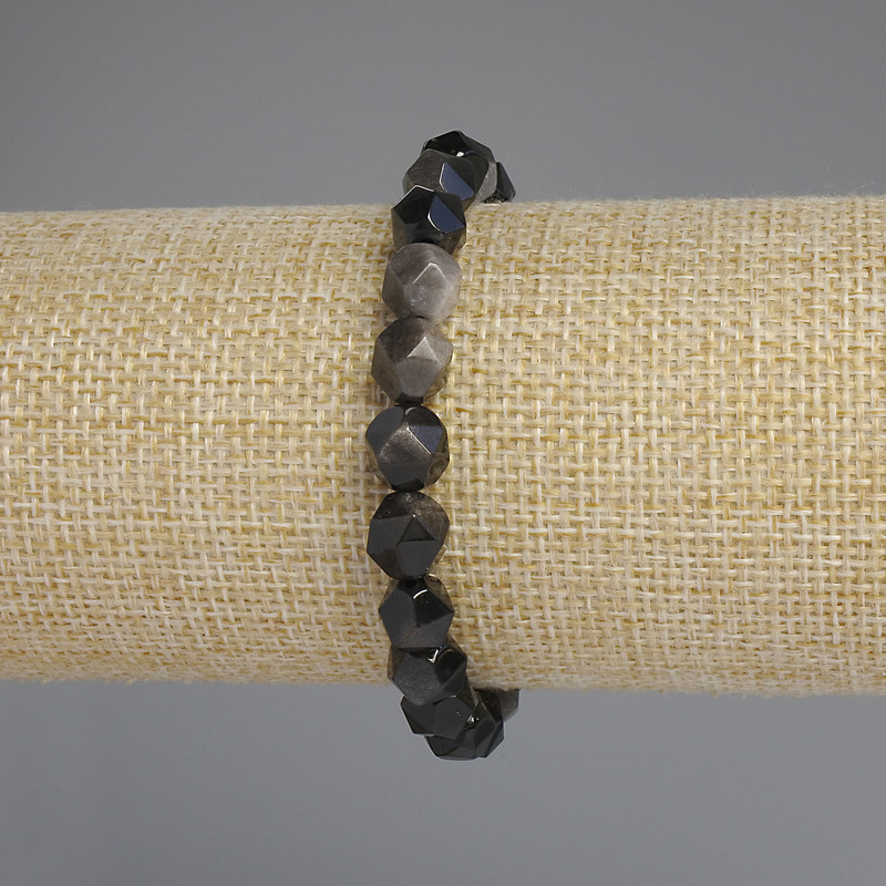 Bransoleta z naturalnego kamienia – srebrzysty obsydian, fasetowane wielokąty, średnica 8×7 mm, długość 18 cm +-