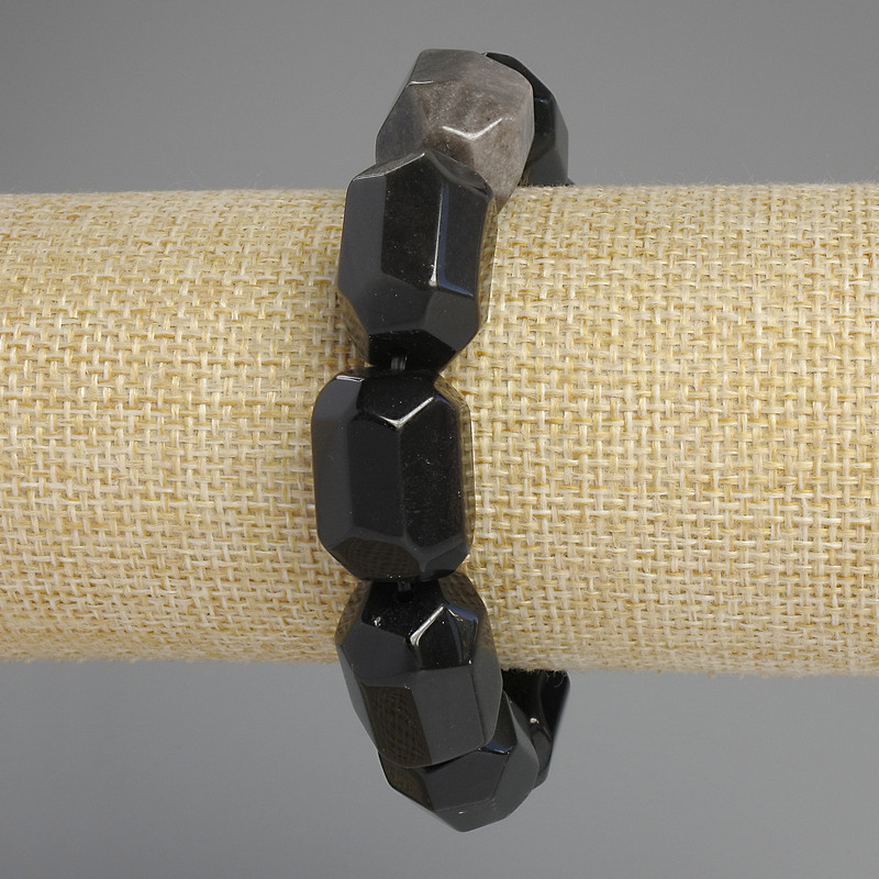 Bransoletka z naturalnego obsydianu, srebrzyste wielokąty, średnica 20×15–16 mm, długość 18 cm ±