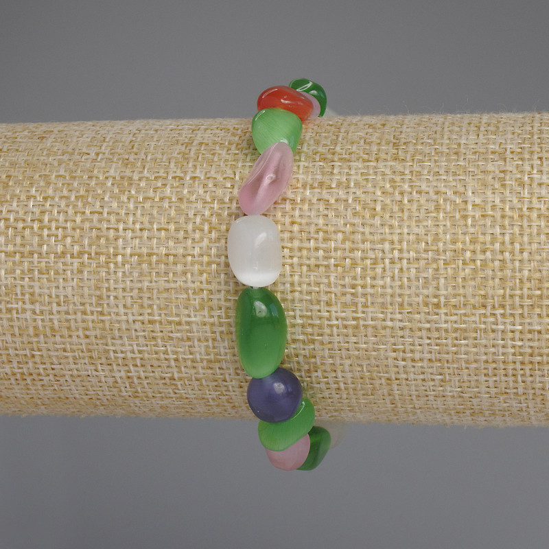 Bransoleta z Kociego Oka, Akwamarynu i Kamienia Księżycowego, fasetowane kulki, średnica 10-12×8-9 mm ±, długość 18 mm ±, na elastycznej gumce