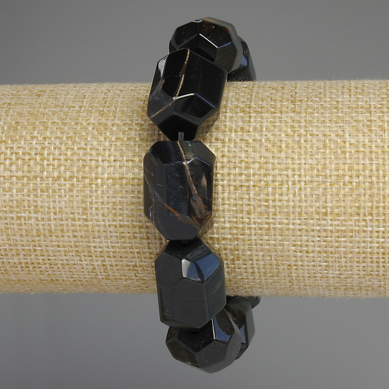 Bransoletka z sokoliego oka, fasetowane wielokąty, wymiary 20×16 mm, długość ok. 18 cm, elastyczna