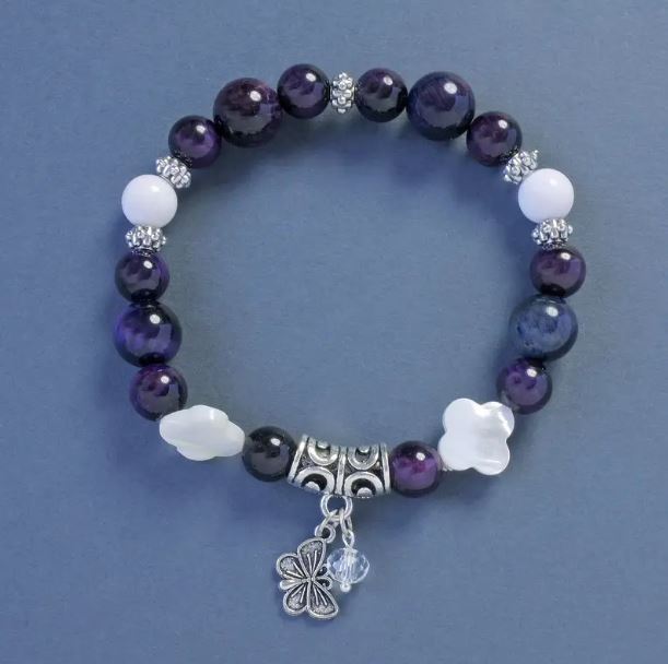 Bransoleta z tygrysiego oka i agatu, gładkie kule, średnica 10 mm +/-, średnica 8 mm +/-, długość 18 cm +/-, elastyczna z zawieszką Motyl