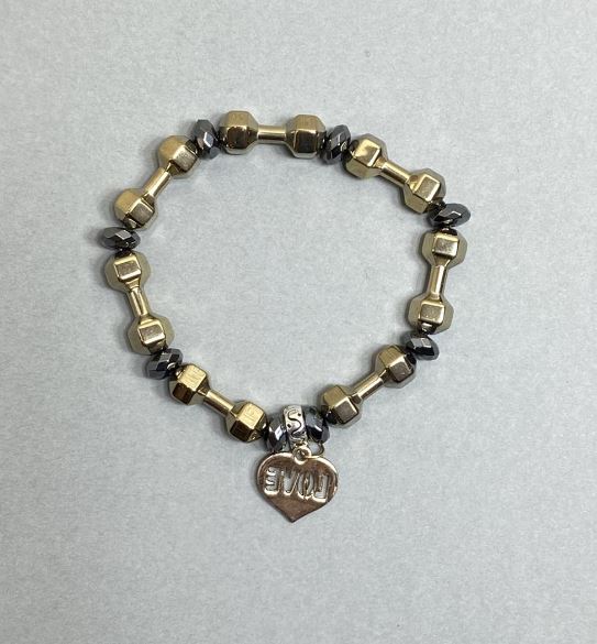 Bransoletka z hematytu w kształcie hantli 20×7 mm ±, fasetowane rondelki 8×4 mm ±, długość 18 cm, elastyczna