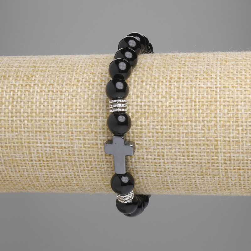 Bransoletka z agatu, gładka kulka, średnica 8 mm +/- hematytowy krzyż 14x10 mm +/- długość 18 cm +/- elastyczna