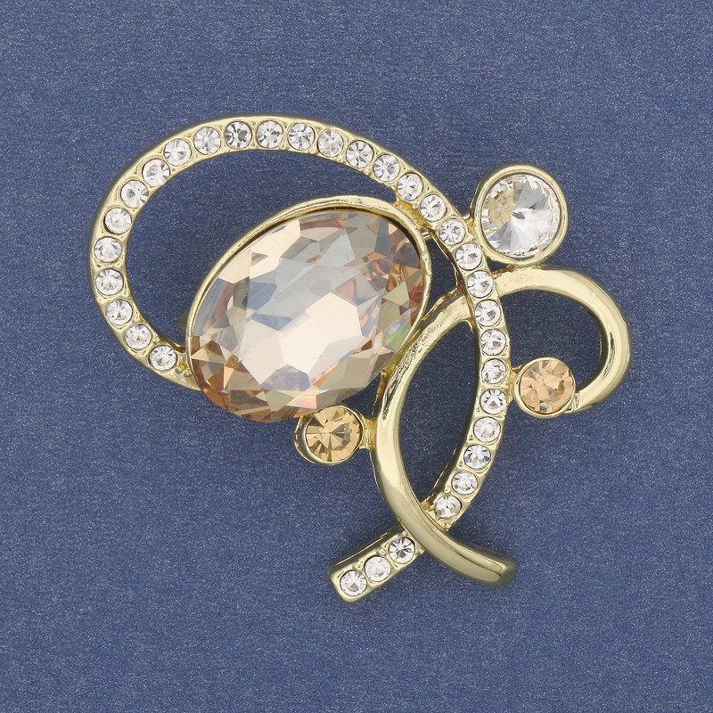 Broszka Akcent z żółtym kryształem, białymi kryształkami, złocistym metalem, 43×35 mm+