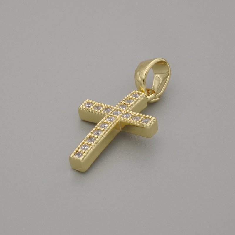 Wisiorek krzyż z białymi cyrkoniami, metal złocisty, średnica 16×10 mm ±, długość 20 mm ±