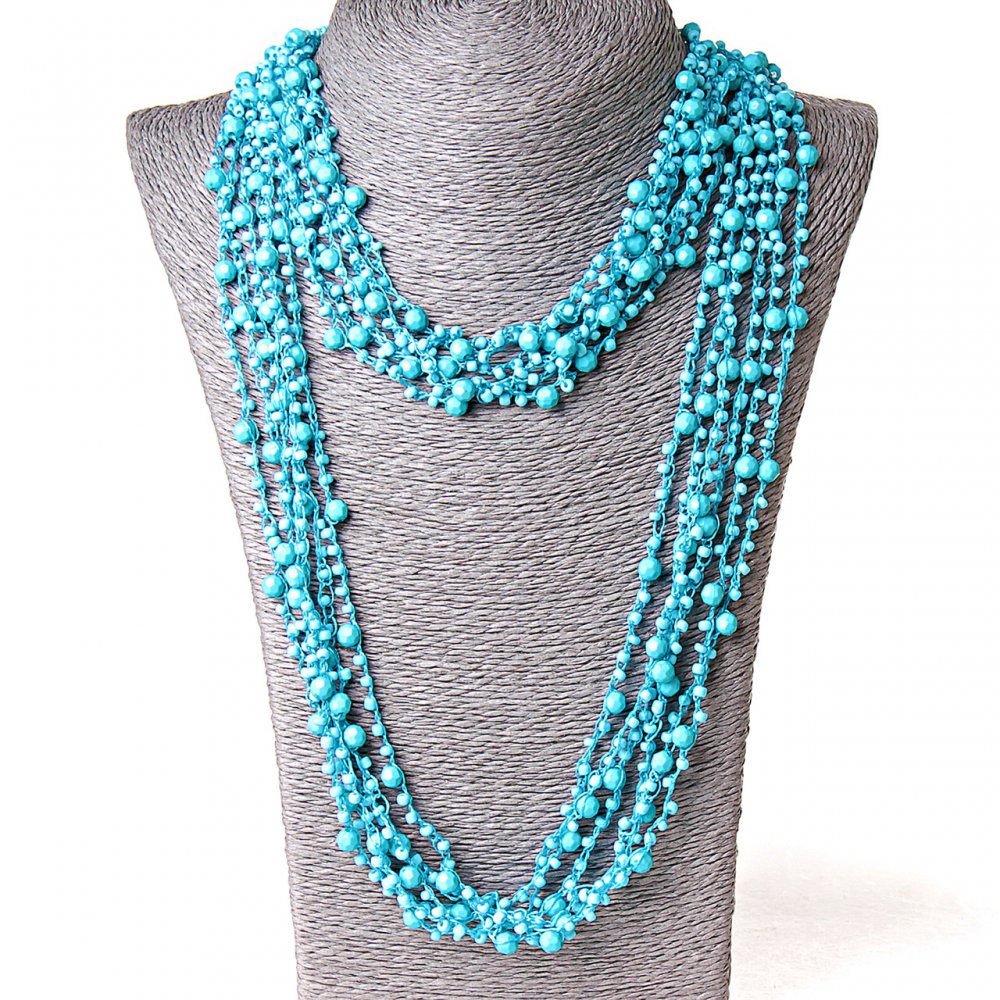 ( 140 cm ) Naszyjnik Pajęczyna z okrągłymi zawieszkami - błękitny