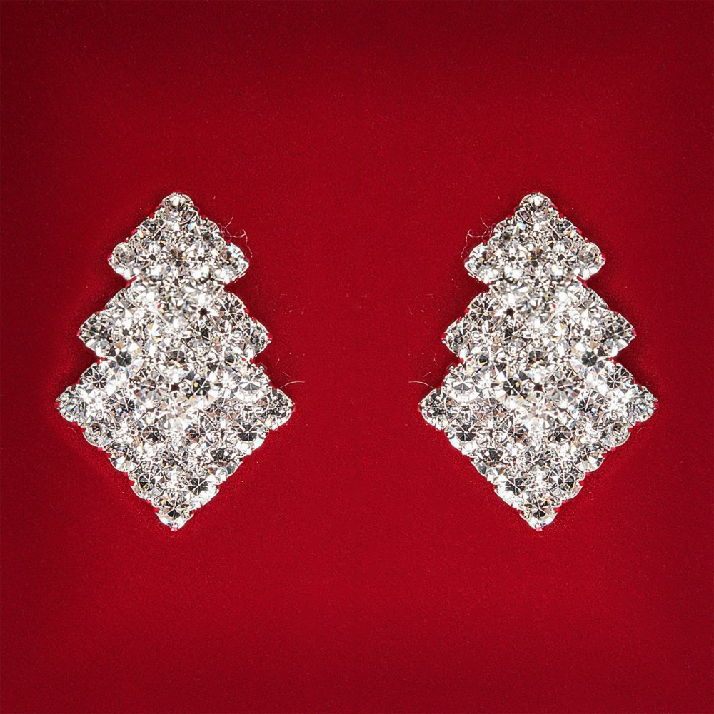 ( 27x18 mm ) Kolczyki damskie białe z cyrkoniami, jasny metal, ślubne i wieczorowe, kolczyki sztyfty w kształcie choinki, średnie