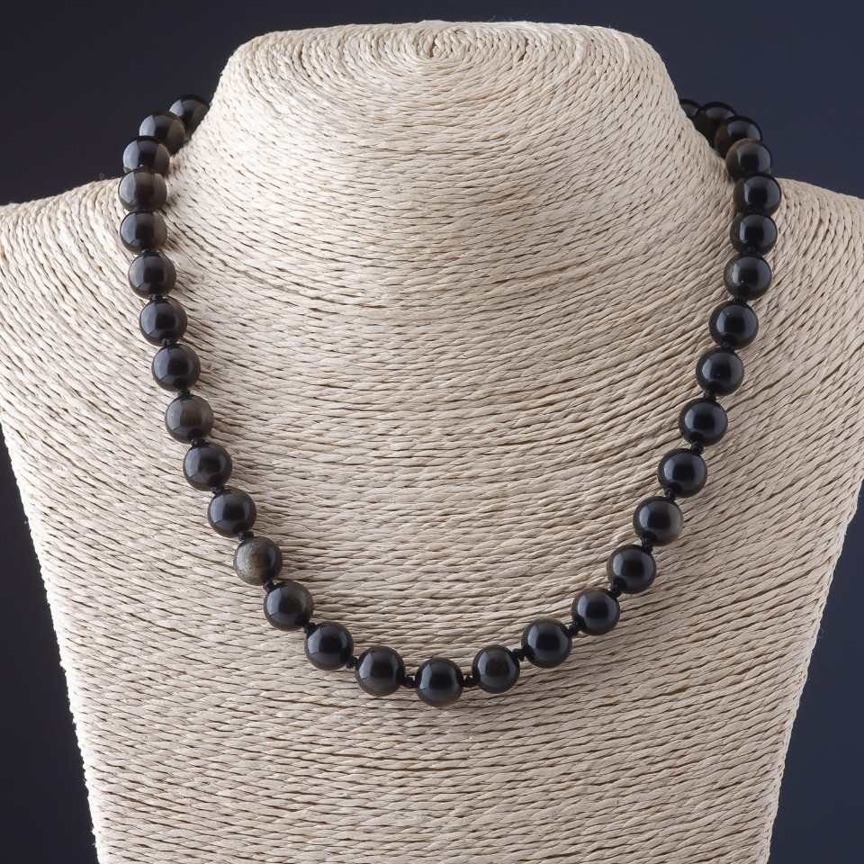 Naszyjnik z obsydianu słonecznego, kuleczki gładkie, średnica 10 mm, długość 45 cm