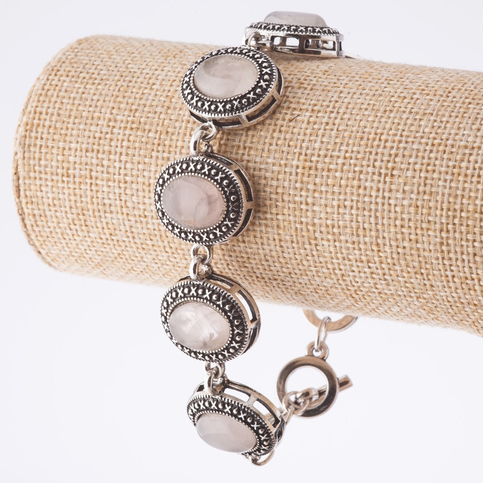 Wyprzedaż: bransoletka z różowego kwarcu, oprawa „kropka-krzyżyk”, owalny kamień 22×18 mm, 7 szt., długość 20–22 cm