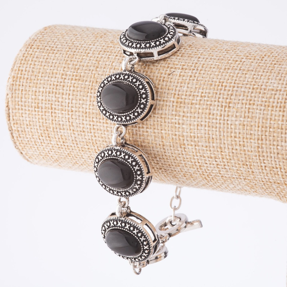 Wyprzedaż bransoleta z agatu w oprawie „kropka krzyżyk” owalny kamień 22×18 mm, 7 szt., długość 20–22 cm