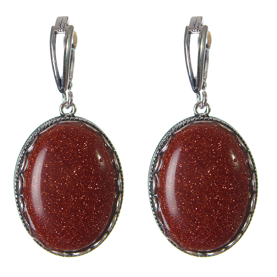 Wyprzedaż kolczyków z awenturynem „złoty piasek” oprawa ząbkowa owalny kamień 2,8 × 2,1 cm, długość 4,5 cm