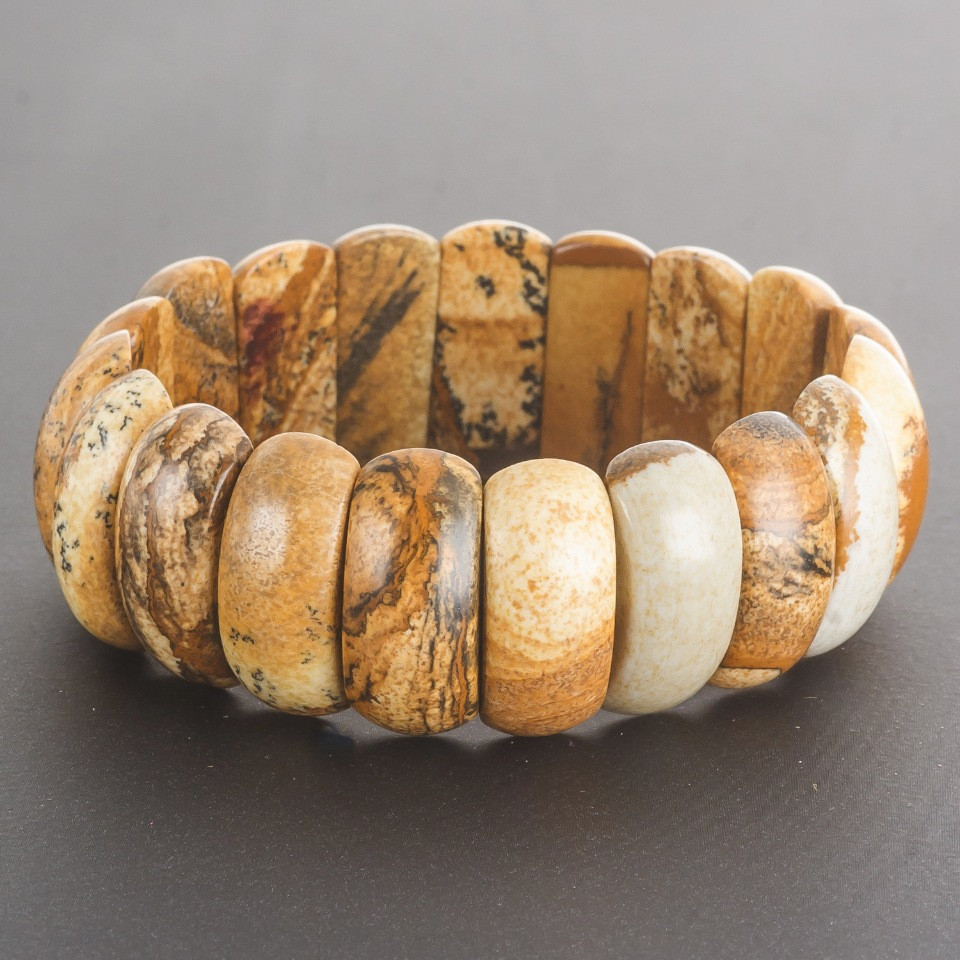 Bransoletka z pejzażowego jaspisu na gumce, prostokątne ogniwo 2,5 × 1,2 cm