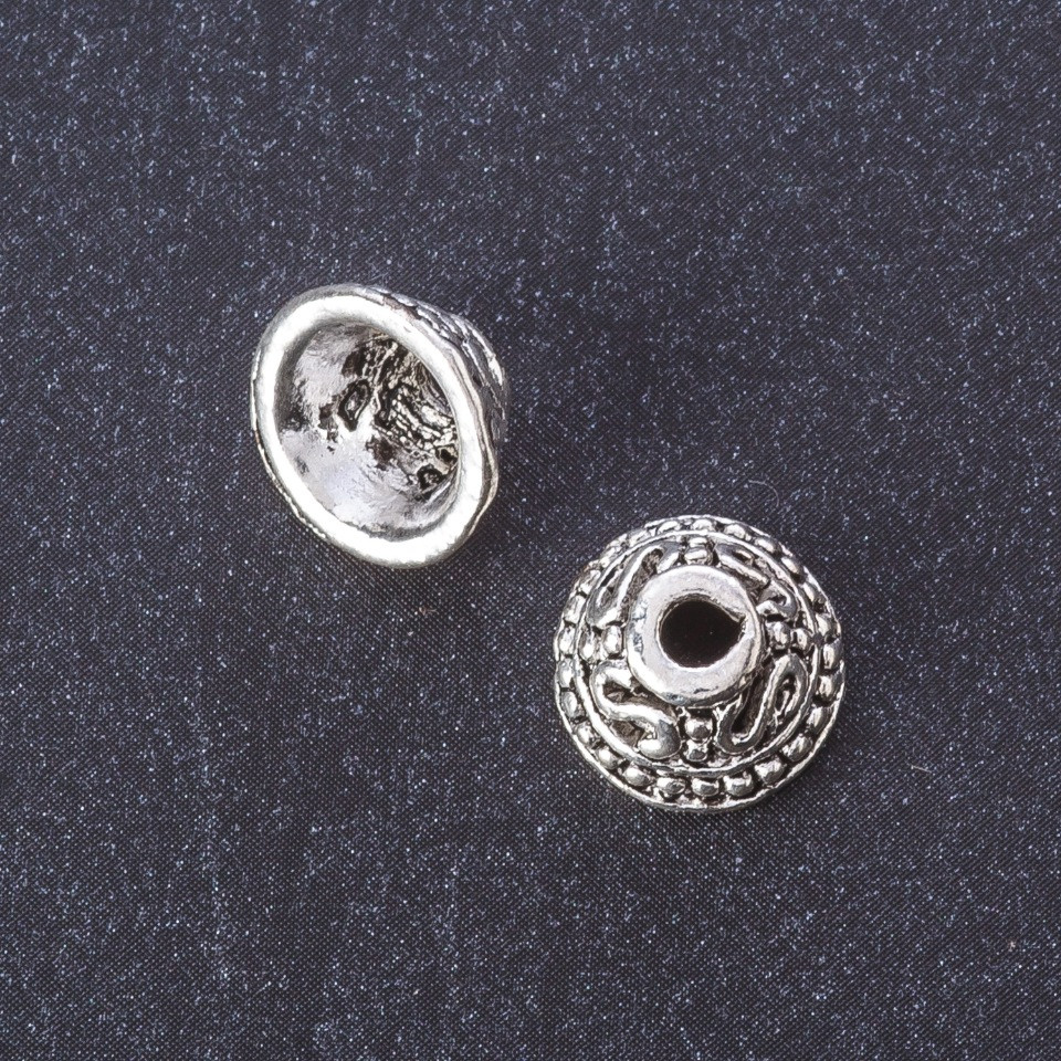 Końcówka jubilerska, kolor metalu "srebro", średnica 11 mm, d2–7 mm, d3,5 mm, masa 20 g ±10 szt.