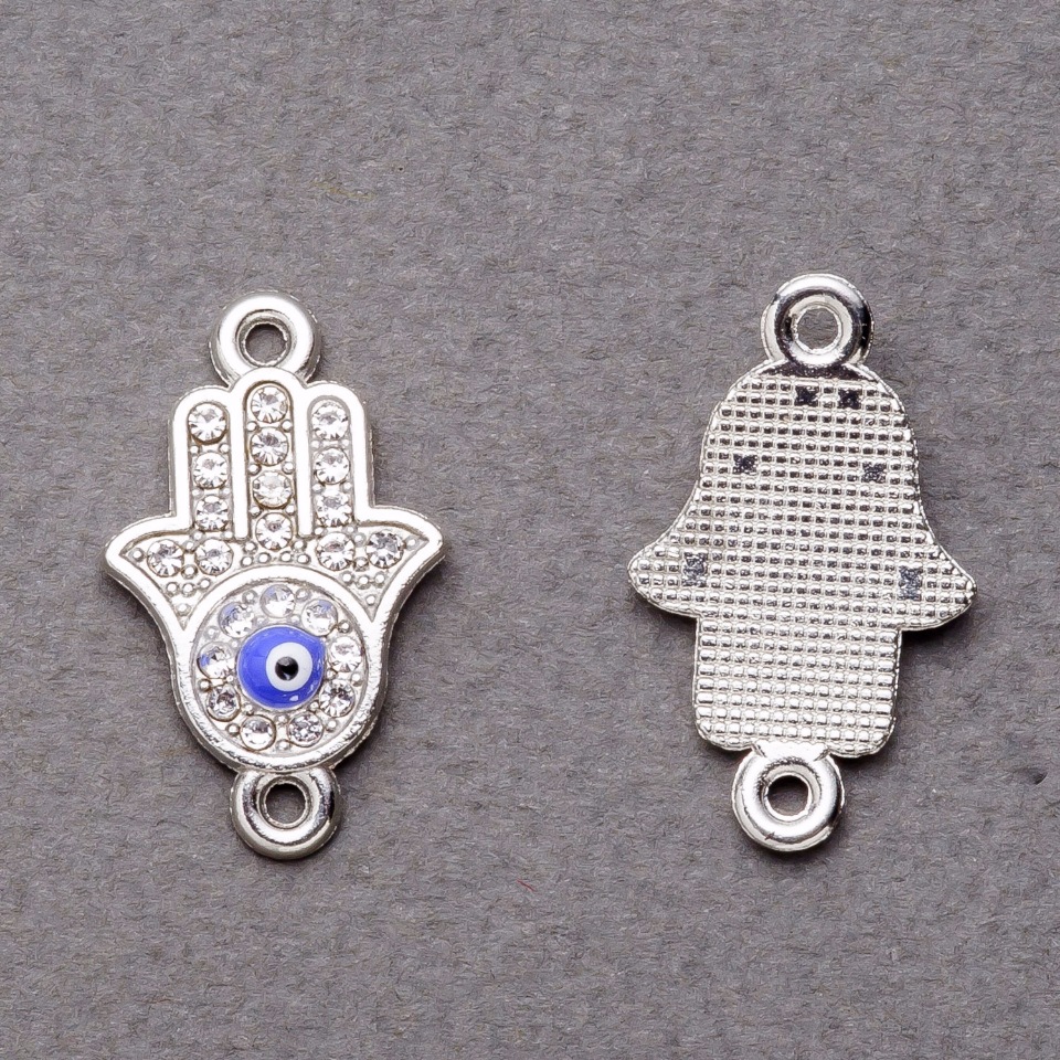 Okucia – zawieszka łącznik w strassach, oczy Hamsa, srebrzysty, 2,5×1,3 cm, opakowanie 3 szt.