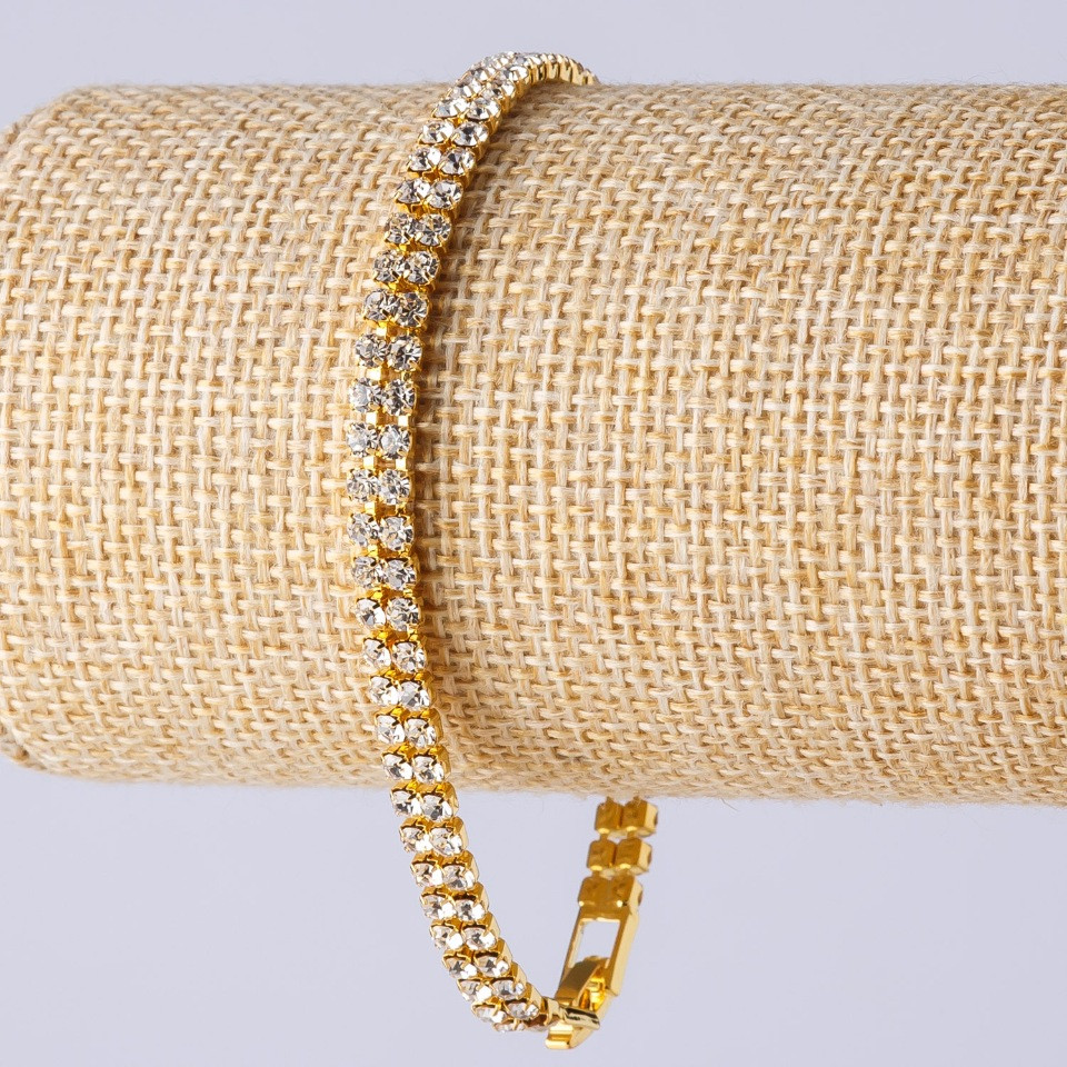 Bransoletka z cyrkoniami na zamek, dwurzędowa, kolor metalu 'złoto', długość 19 cm, szerokość 5 mm