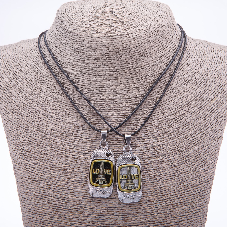 Duetowy wisior przyjaźni Love na sznurku, długość 45 cm, kolor metalu "srebro i brąz"