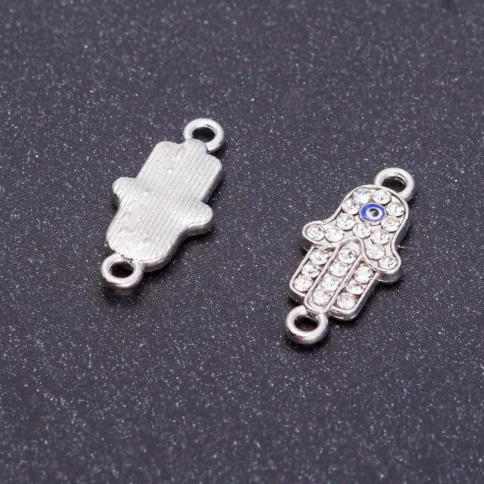 Konektor jubilerski «Dłoń oka» z cyrkoniami w kolorze srebra, średnica 9 mm, otwór L0 mm, 5 mm fas., 4 szt.