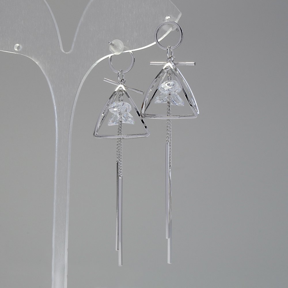 Kolczyki „Itaolao” Piramidy z kryształami, średnica 20 mm, długość 55 mm, kolor srebrny