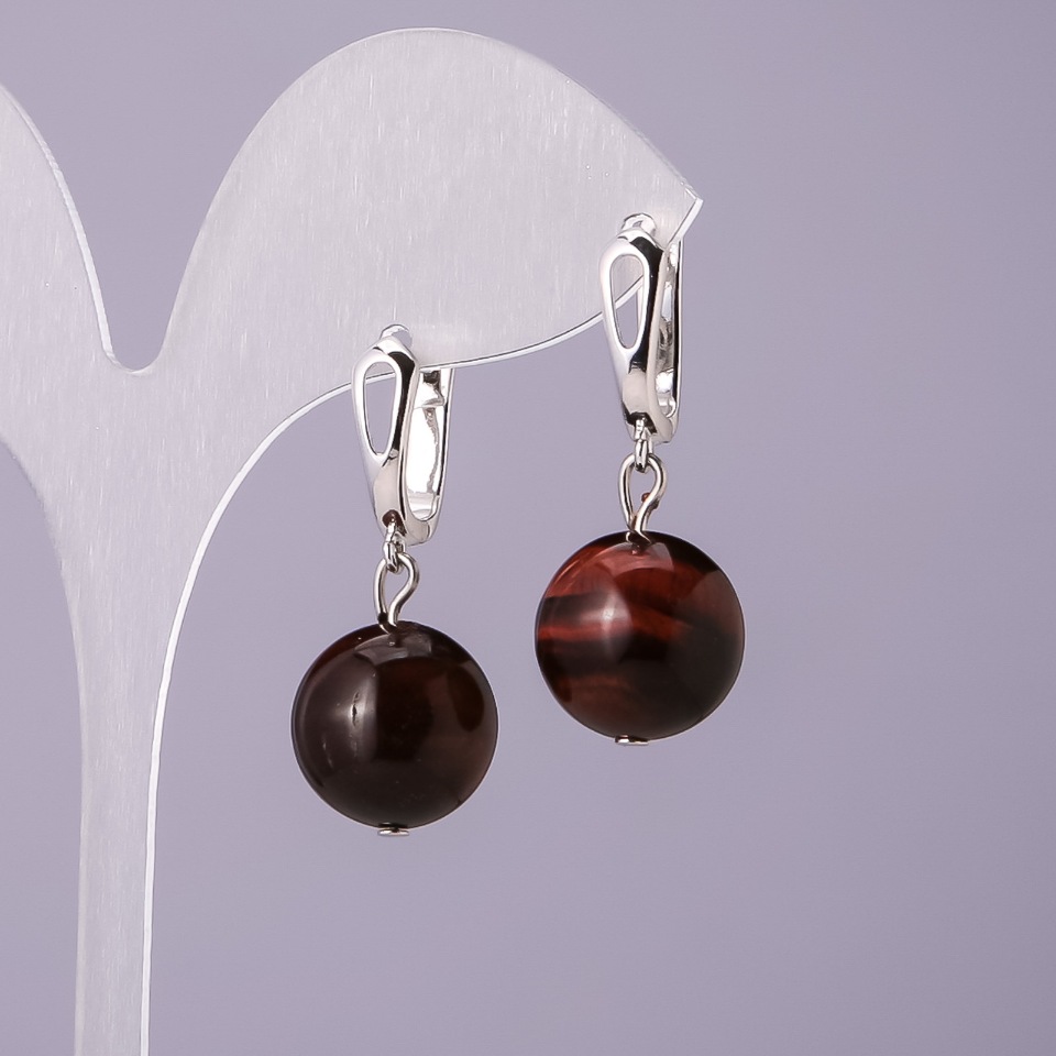 Kolczyki z naturalnym kamieniem byczego oka, średnica 14 mm, długość 18 mm