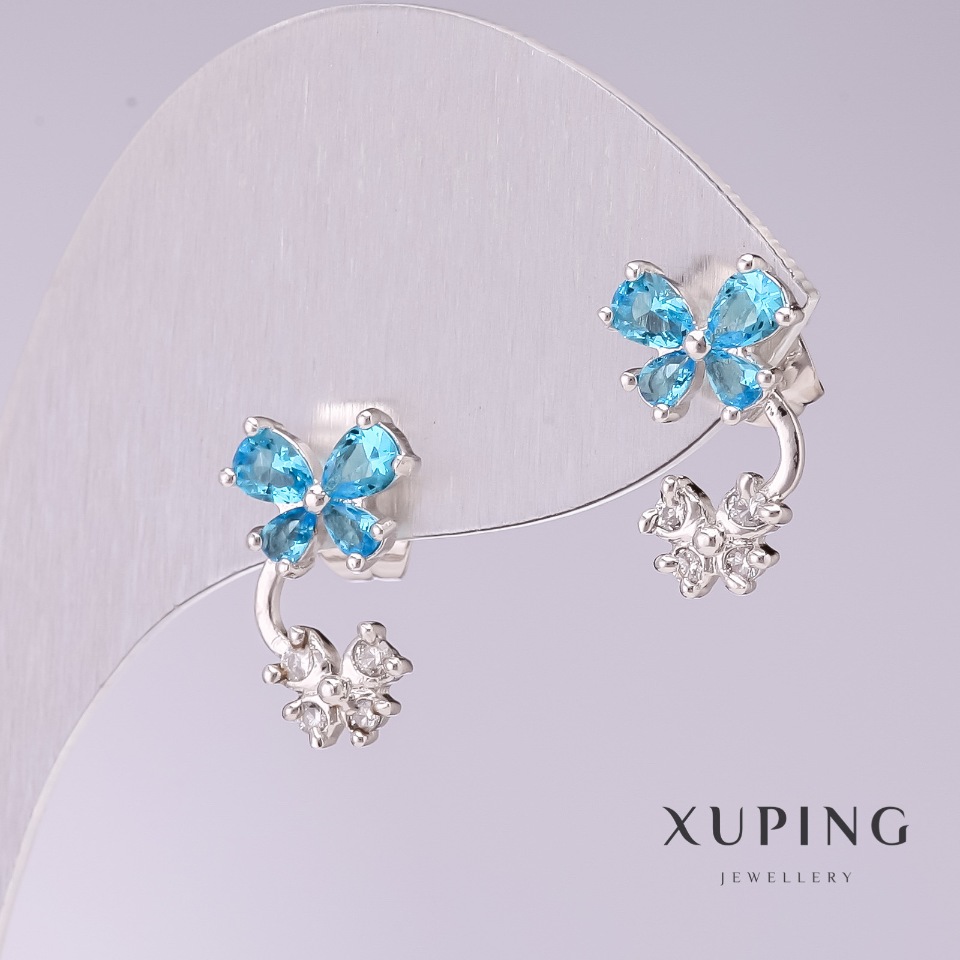 Kolczyki Xuping Motyle z błękitnymi kamieniami 15×9 mm rhodiowane