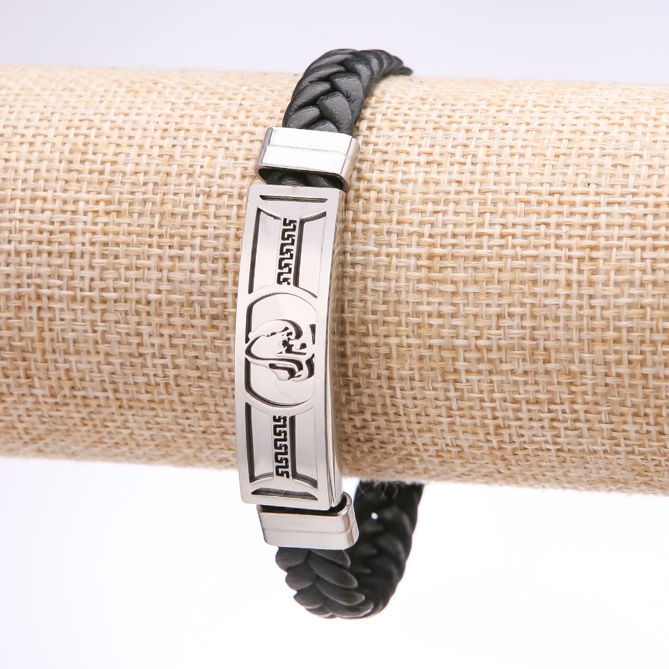 Bransoletka unisex z greckim ornamentem, eko-skóra, pleciona warkocz, stalowa płytka, grubość 12 mm, długość 20 cm