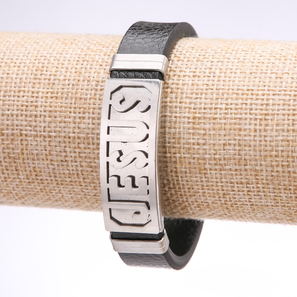 Bransoleta męska Jezus z ekoskóry i stali, szeroka stalowa płyta, grubość 14-16 mm, długość 20 cm