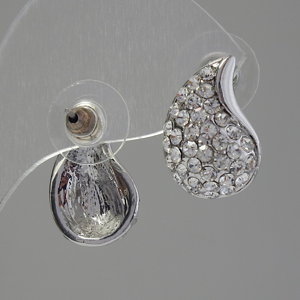 Kolczyki sztyfty z kryształami, kolor biały, 12×18 mm, metal srebrzysty