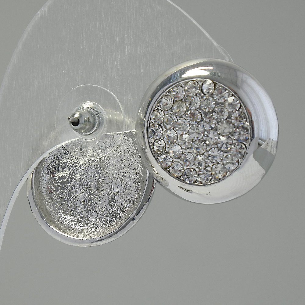 Kolczyki sztyfty „Koło”, białe cyrkonie, metal w kolorze srebra, 2 cm